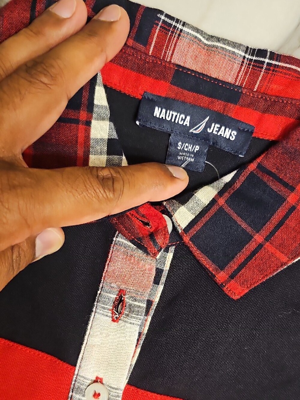 Kid's Long-Sleeve Polo Shirt with Red Chest Stripe and Plaid Collar - Picture 6 of 7